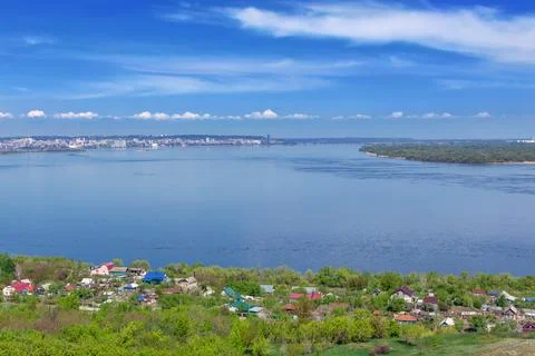 View of the bend of the Volga River in spring from a high cliff Stock Photos
