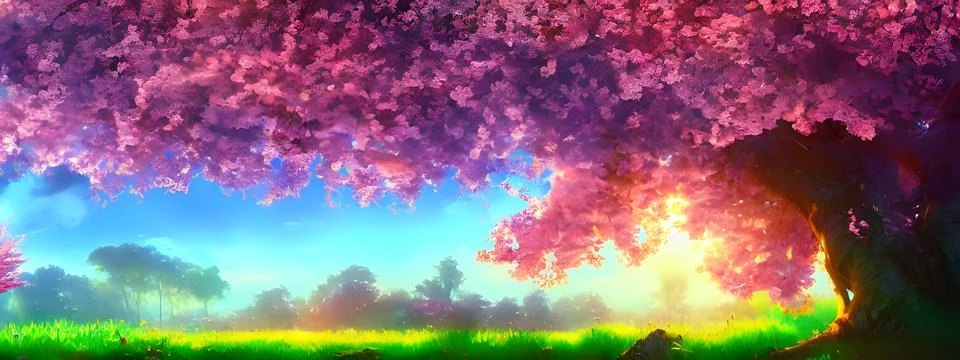 View from beneath a cherry blossom tree against a field in spring. 库存插图