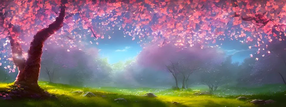 View from beneath a cherry blossom tree against a treeline in spring. 库存插图