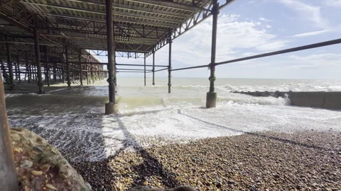 View from beneath old iron structure panning Stock Footage 338133784