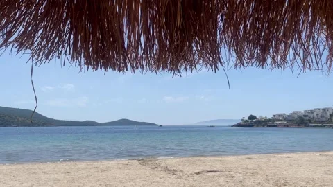 View from beneath a thatched parasol, tranquil blue waters and sandy shore near Stock Footage 310434655