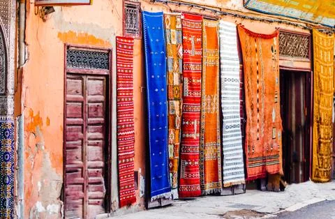 View on Berber Carpets in Souk of Marrakech Stock Photos