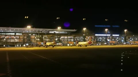 View of Berlin Brandenburg Airport at night from an airplane. Stock Footage 162784853