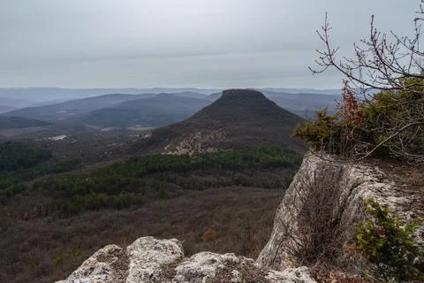 View from Beshik-Tau mountain in spring. Bakhchysarai, Crimea Stock Photos