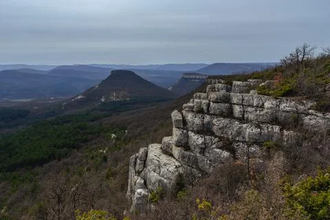 View from Beshik-Tau mountain in spring. Bakhchysarai, Crimea Stock-Fotos