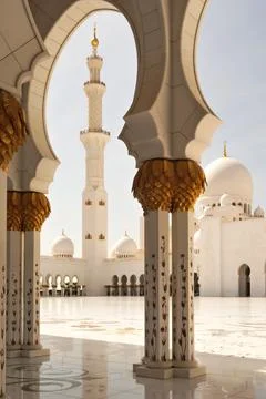 View between elaborate onto one of the minarets and the main building, dome.. Stock Photos
