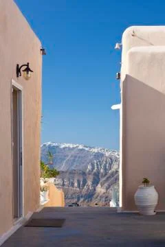 View between two buildings from the south of Santorini to the center with the Stock Photos