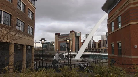 View between two office blocks across ornamental steps to Millennium Bridge Stock Footage 1103217