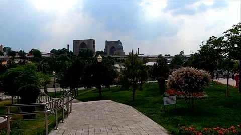 View of Bibi-Khanym mosque from Hazrat Khizr mosque park, Samarkand Stock Footage 336506525
