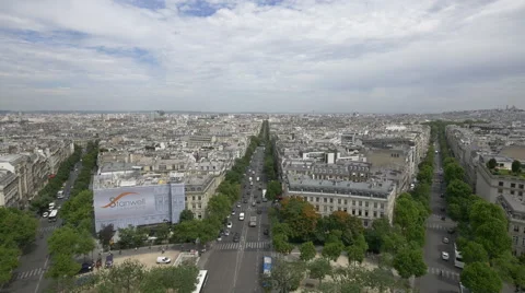 View of a big banner on a building and the cityscape of Paris Stockbeeldmateriaal 59869796