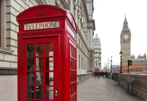 A view of big ben and a classic red phone box in london, united kingdom Stock Photos