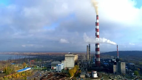 View to big industrial cluster with high tower, view of large industrial  Stock Footage 321428265