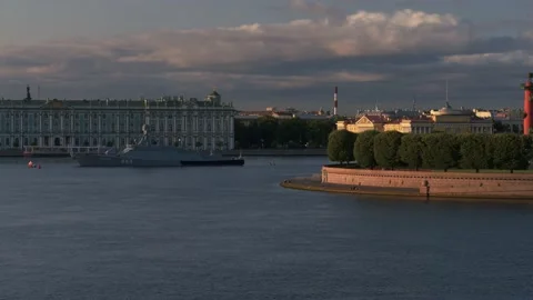 View of the Big Ship in the water and the historic city Stock Footage 138205287