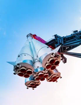 View of the big space rocket hang on a stand Stock-Fotos