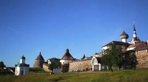 View of big stone wall, white gates of Russian Orthodox Solovetsky Monastery. Stock Footage 64929597
