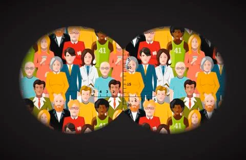 View from the binoculars on crowd of flat people Stock Illustration
