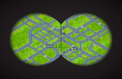 View from the binoculars on difficult road junctions in isometric Stock Illustration