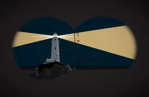 View from the binoculars on lighthouse wuth rocks at night in the sea Stock Illustration