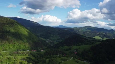 View from a bird's eye view, mountainous landscape in the countryside with Stock Footage 197044281