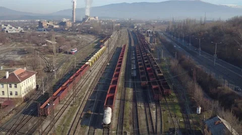 The view from the bird's-eye view on train depot Stock Footage 58345674