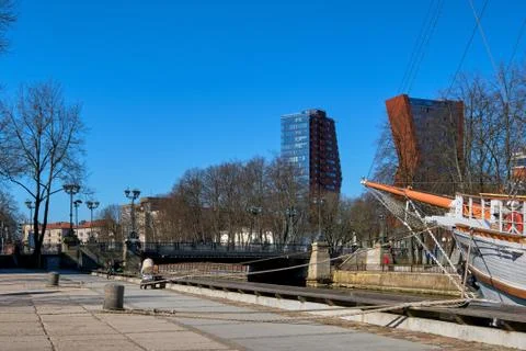 View of Birzos or Exchange bridge over river Dane in Klaipeda, Lithuania with a Stock Photos