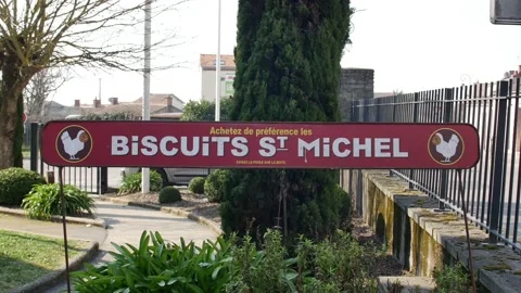 View of "Biscuits St Michel" (cake factory) traditional sign at entrance of Stock Footage 150475754