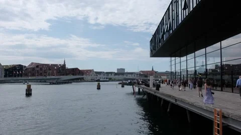View of the Black Diamond library building in Copenhagen, Denmark. Stock Footage 343877681
