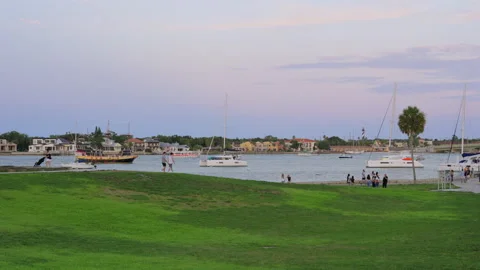 A View Of Black Raven Pirate Ship Across The Bay Of St. Augustine During Sunset Stock Footage 327842205