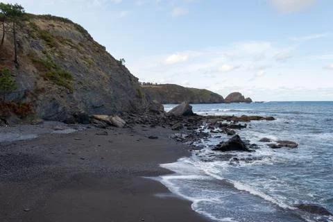 View of a black sand beach Stock Photos