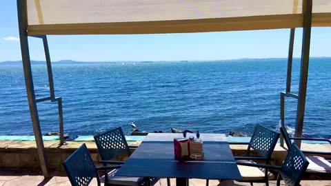View of the Black Sea from a street cafe. A seagull is sitting on a stone. Stock Footage 252129233