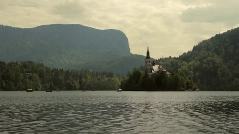 View of the Bled island and lake Bled in sunset, Bled, Slovenia Stock Footage 75427872