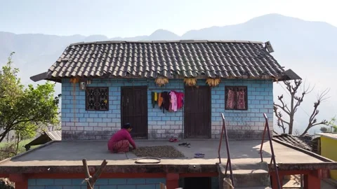 View of a blue brick house in the mountains, Nepal. Stock Footage 335465892