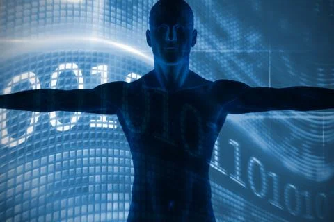 View of a blue character against binary code on digital screen Stock Illustration