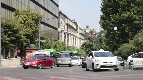 A view of Blue line public transportation bus in Tbilisi, Georgia Stock Footage 204797824