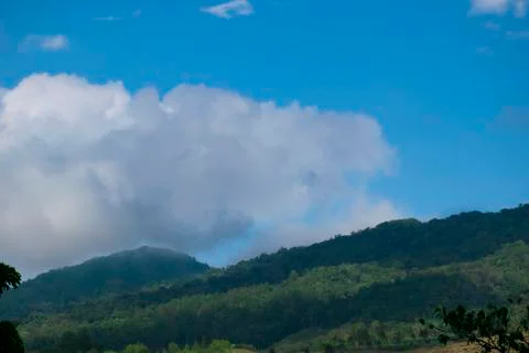 View blue sky and cloud over green tree on mountain, Thailand Umphang Stock Photos