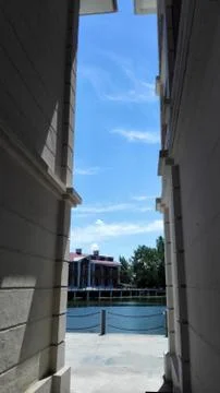 The view of the blue sky in-between of two buildings Stock Photos
