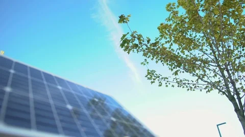 View on blue solar battery panel in park, eco city project, electricity saving Stock-Footage 118990217