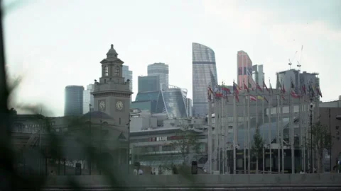 View from the board of the pleasure ship on the modern city. Moscow City Stock Footage 212389352