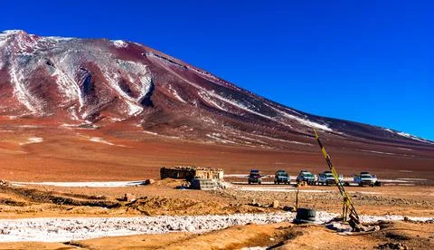 View on Boarder crossing between Chile and Bolivia in the Altiplano landscape Stock Photos