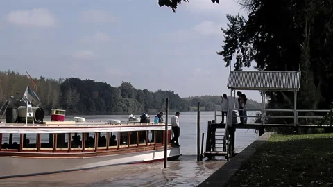 View of Boat Arriving at the Small Dock of a Public School in Tigre, Argentina. Stock Footage 232441711