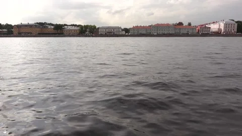 View from boat to empty river and embankment in St. Petersburg Stock Footage 130763263