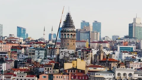 A view from a boat to the famous Galata tower in Istanbul and the surroundings Stock Footage 265485965