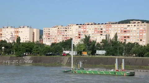 View from boat looking ashore at hotels and traffic driving by Stock Footage 67184867
