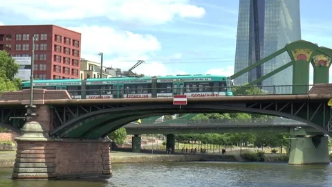 View from a Boat Moving Towards Bridge in Central Frankfurt Stock Footage 83054987