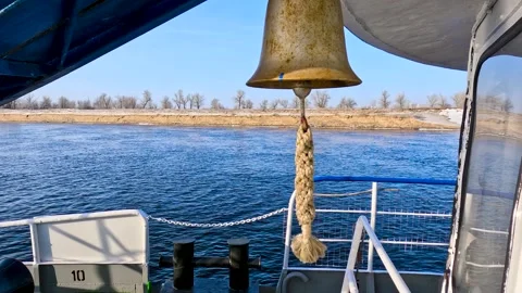 View of a boat moving on a winter river Stock Footage 306548153