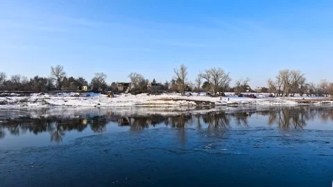 View of a boat moving on a winter river Stock Footage 324855111