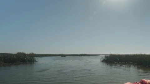 View from boat sailing ahead between dry reeds on waterway. Autumn landscape. Stock Footage 124334678