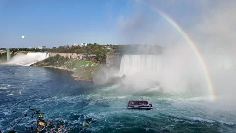 View of boat tour at Niagara Falls waterfall Stock Footage 333697809