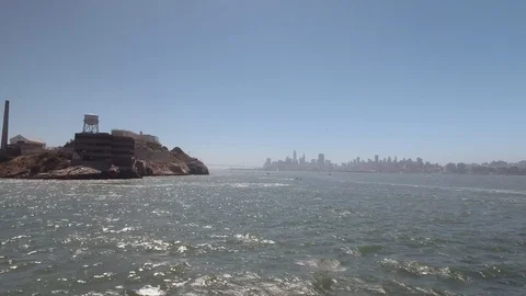 A view from a boat using a gimbal at Alcatraz Island Stock Footage 118794568