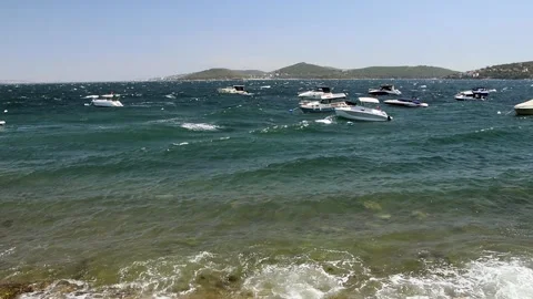 View of Boats And Islands Anchored At Sea Stock Footage 321008053